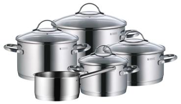 WMF Provence Plus Topf-Set Bratentopf (2,5l), Fleischtöpfe(1,9l), (3,3l), (5,7l), Stielkasserolle (1,7l) silber