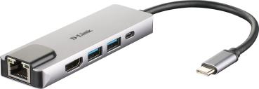 USB-C HUB 5Port D-Link DUB-M520 2xUSB3.2 Gigabit Lan RJ45 USB-C HDMI 4K passiv Silver Black