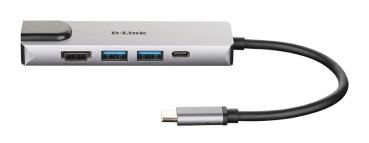 Preview: USB-C HUB 5Port D-Link DUB-M520 2xUSB3.2 Gigabit Lan RJ45 USB-C HDMI 4K passiv Silver Black