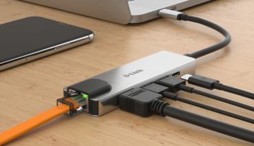 Preview: USB-C HUB 5Port D-Link DUB-M520 2xUSB3.2 Gigabit Lan RJ45 USB-C HDMI 4K passiv Silver Black