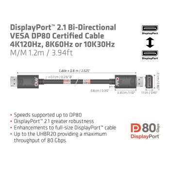 Preview: Club3D DP-Kabel 2.1 DP80 zertifiziert 1.2m 10K/8K/4K St/St retail