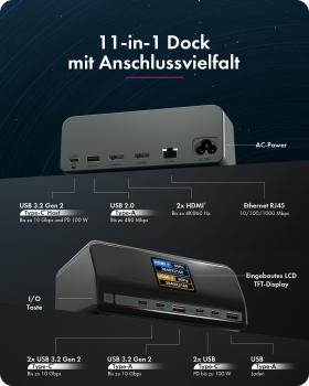 Preview: 11-in-1 DockingStation mit Power Delivery Lade-Ports und großem LCD-Display, mit 160 W GaN Lade-Adapter