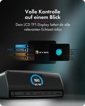 Preview: 11-in-1 DockingStation mit Power Delivery Lade-Ports und großem LCD-Display, mit 160 W GaN Lade-Adapter