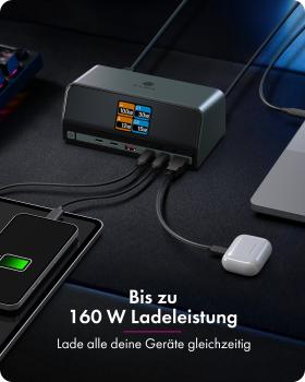 11-in-1 DockingStation mit Power Delivery Lade-Ports und großem LCD-Display, mit 160 W GaN Lade-Adapter