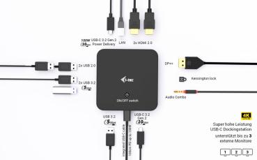i-tec USB-C DP Dual HDMI Docking Station C31TRIPLEVIDEODPPRO 100W Power Delivery