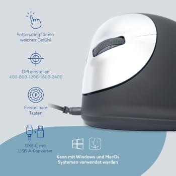 R-Go Maus HE ergonomisch links USB groß schwarz/silber