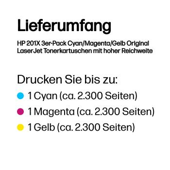 Preview: HP 201X CF253XM 3er-Pack Original Toner Cyan Magenta Gelb bis zu 2.300 Seiten