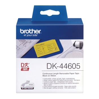 Preview: Brother DK-44605 Endlosetiketten 62 mm Schwarz auf Gelb 30,48 m Wiederablösbar Original