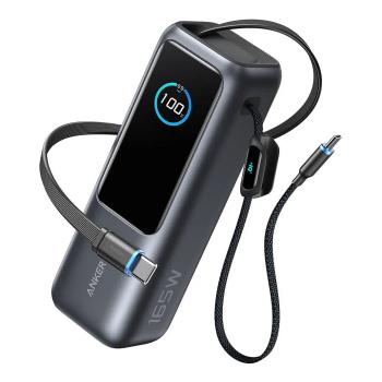 Preview: ANKER PowerBank 25.000mAh 165W 3x 100W USB-C 1x USB-A mit Smart Display zwei integrierte Ladekabel schwarz