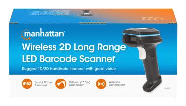 MANHATTAN Kabelloser 2D Long Range LED-Barcodescanner Wireless 4.2 und 2,4 GHz USB-A-Nanoempfänger