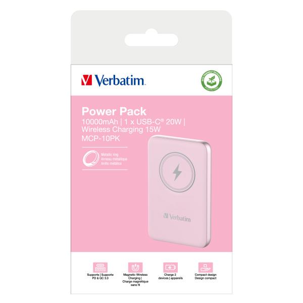 Verbatim Wireless Powerbank Charge 'n' Go 10.000mAh (rosa, Qi, PD 3.0, Quick Charge 3.0)