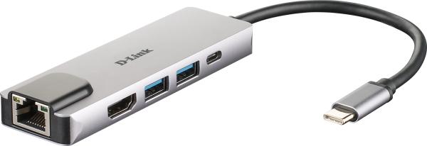 USB-C HUB 5Port D-Link DUB-M520 2xUSB3.2 Gigabit Lan RJ45 USB-C HDMI 4K passiv Silver Black