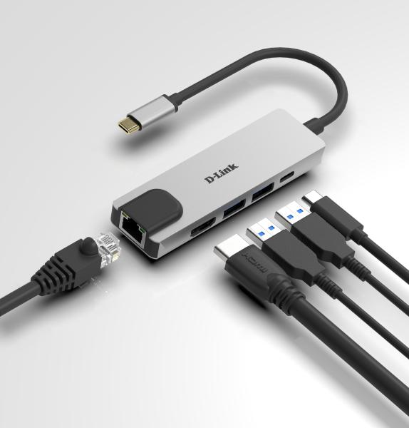 USB-C HUB 5Port D-Link DUB-M520 2xUSB3.2 Gigabit Lan RJ45 USB-C HDMI 4K passiv Silver Black