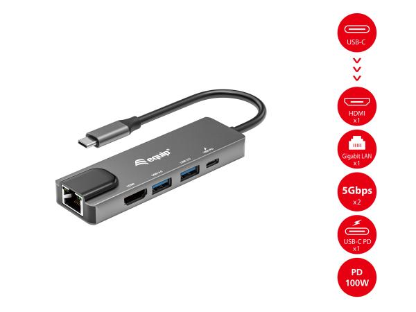 Equip USB-C 5-in-1 Multifunktionsadapter | HDMI 4K, Gigabit LAN, USB 3.2, 100W PD