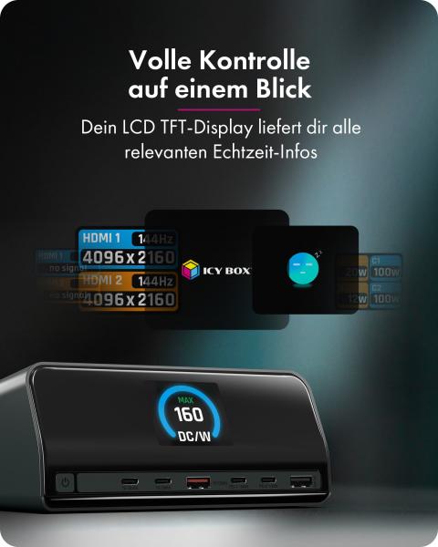 11-in-1 DockingStation mit Power Delivery Lade-Ports und großem LCD-Display, mit 160 W GaN Lade-Adapter