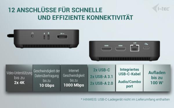 i-tec USB-C DP Dual HDMI Docking Station C31TRIPLEVIDEODPPRO 100W Power Delivery