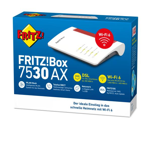 AVM FRITZ!Box 7530 AX WLAN-Router – Wi-Fi 6 Dual-Band 2,4/5 GHz Gigabit LAN Weiß