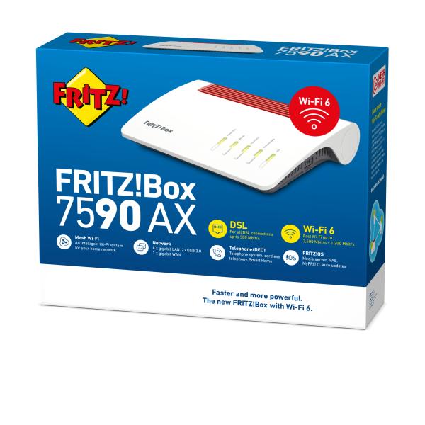 FRITZ! AVM FRITZ!Box 7590 AX - WLAN-System - (Router) - Netz - DSL-Modem 1GbE - Wi-Fi 6 - Dual-Band - VoIP-Telefonadapter (DECT)