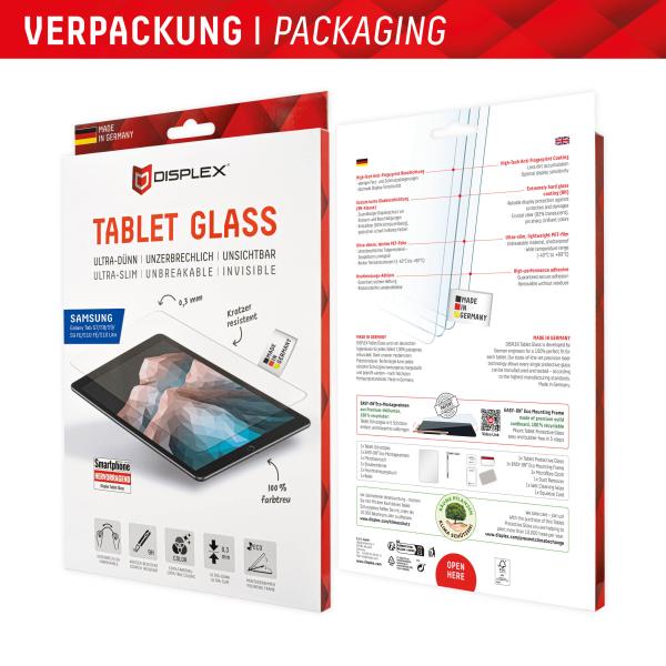 DISPLEX Tablet Glass (9H) Samsung Tab S8/S9/S9FE/S10FE/S10 Lite Eco-Montagerahmen L-Form, unzerbrechlich, ultra-dünn, unsichtbar