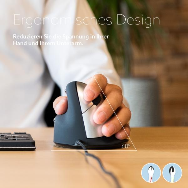 R-Go Maus HE ergonomisch links USB groß schwarz/silber