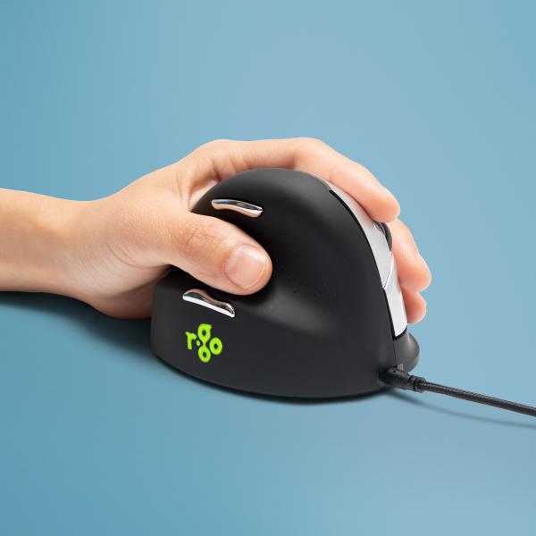 R-Go Maus HE ergonomisch links USB groß schwarz/silber