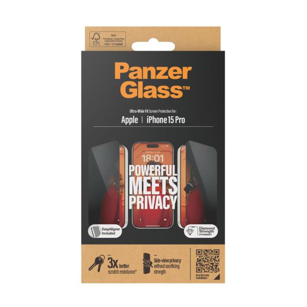 PanzerGlass Privacy Displayschutzt für iPhone 15 Pro | Ultra-Wide Fit mit  EasyAligner