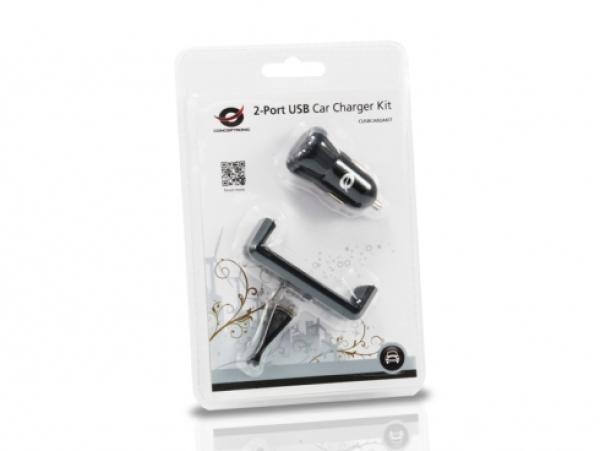 2-Port KFZ-Ladegerät CONCEPTRONIC 10W 2xUSB-A mit Halter