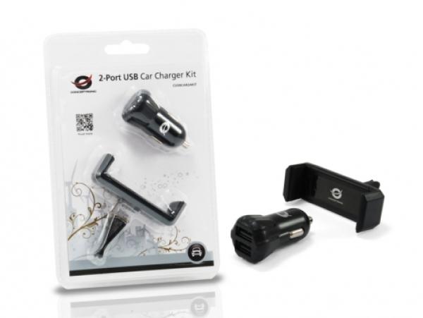 2-Port KFZ-Ladegerät CONCEPTRONIC 10W 2xUSB-A mit Halter