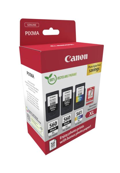 Canon PG 560XL & CL 561XL 3er Multipack Original Tintenpatrone inkl. Fotopapier für PIXMA TS5350 PIXMA TS5351 PIXMA TS5352