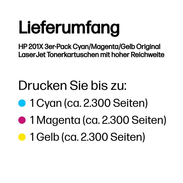HP 201X CF253XM 3er-Pack Original Toner Cyan Magenta Gelb bis zu 2.300 Seiten