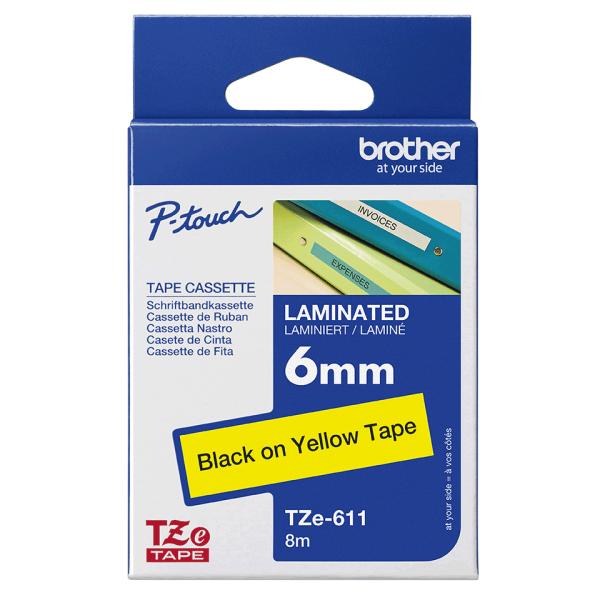 Brother TZe-611 Original Schriftband Gelb – Schwarz auf Gelb, 6 mm x 8 m