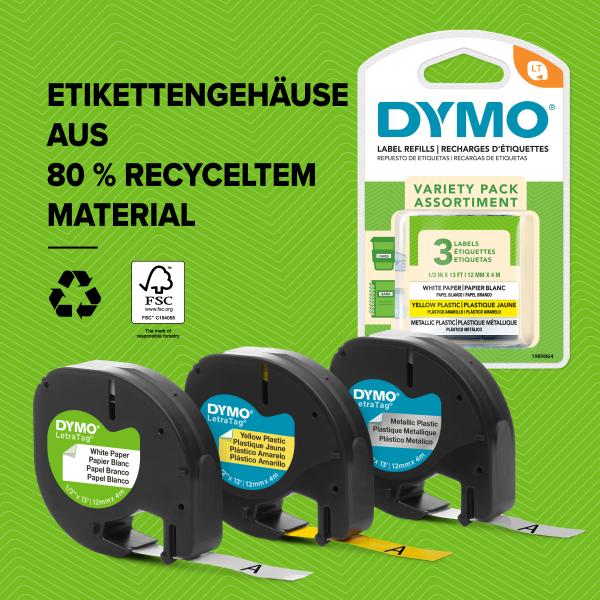 DYMO S0721660 LetraTag Original Schriftband Weiß – Schwarz, 12 mm x 4 m
