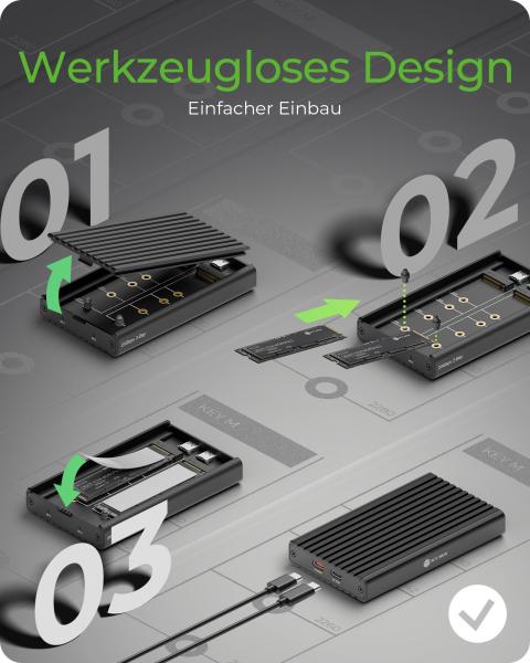 ICY BOX 2-fach M.2 PCIe NVMe Gehäuse, USB 3.2 Gen 2x2 Type-C®, 20 Gbit/s, Werkzeuglose Montage
