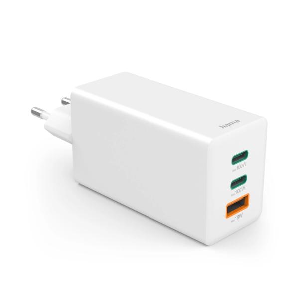 HAMA Schnellladegerät GaN 2x USB-C PD 1x USB-A QC 65W Weiss