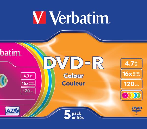 Verbatim DVD-R Colour 4,7GB 16x Speed – 5er Pack Slimcase