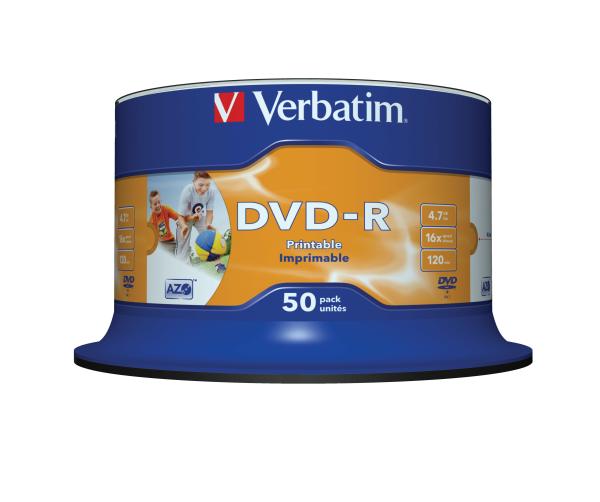 Verbatim DVD-R 4,7GB 16x Wide Inkjet Printable 50er Spindel photo printable