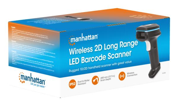 MANHATTAN Kabelloser 2D Long Range LED-Barcodescanner Wireless 4.2 und 2,4 GHz USB-A-Nanoempfänger
