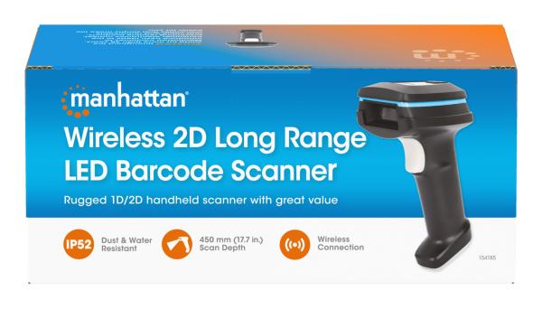 MANHATTAN Kabelloser 2D Long Range LED-Barcodescanner Wireless 4.2 und 2,4 GHz USB-A-Nanoempfänger