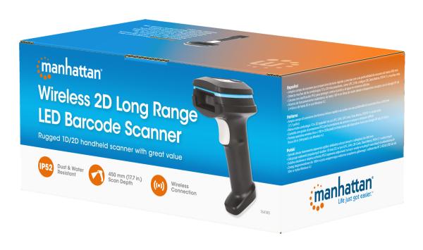 MANHATTAN Kabelloser 2D Long Range LED-Barcodescanner Wireless 4.2 und 2,4 GHz USB-A-Nanoempfänger